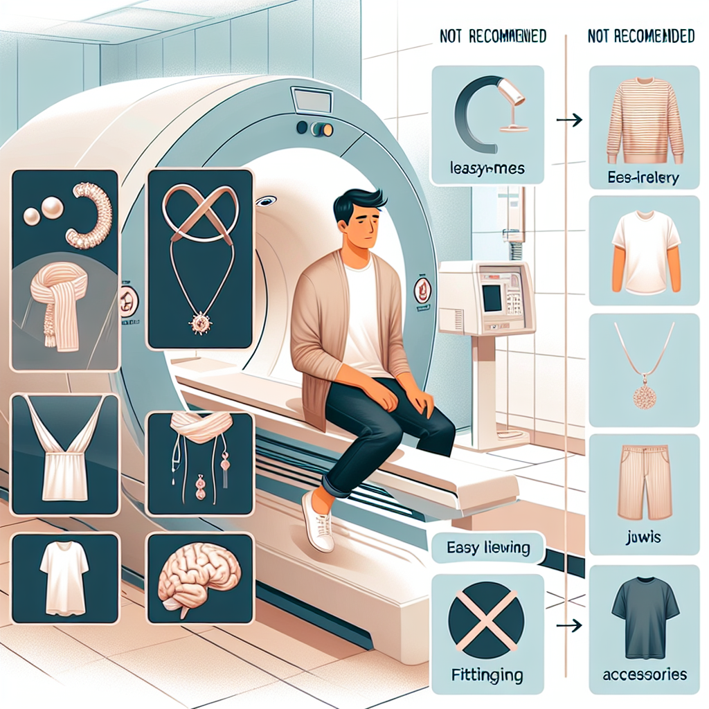 What to Wear for a PET Scan: Effortless Guide A detailed guide with illustrations showing what to wear for a PET scan. The guide shows an individual with a relaxed posture and a calm expression, interpreting the word 'effortless'. The patient is wearing easy-to-remove clothes. Featured next to the patient are various elements such as jewelry, fittings, and accessories all placed in a 'not recommended' section, with a clear 'no' symbol overlaying them. The scene takes place in a modern-day radiology clinic with clean, sleek aesthetics. The surroundings are calm and serene with pastel colors conveying a sense of tranquility.