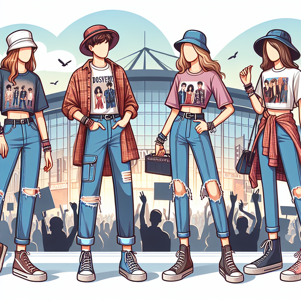 Must-Have Outfits for Tate McRae Concert Construct an illustration displaying chic concert attire suitable for an evening filled with modern pop music. The designs should cover both warm and cold climates. They could incorporate elements like stylish denims, comfortable sneakers, layered jewelry, band t-shirts, and trendy bucket hats. The characters wearing the outfits should represent a mix of genders and descents. Show the scene of an energized group of friends excitedly heading towards a concert of a popular young singer in a contemporary cityscape as the sun sets, with the concert venue seen in the background.