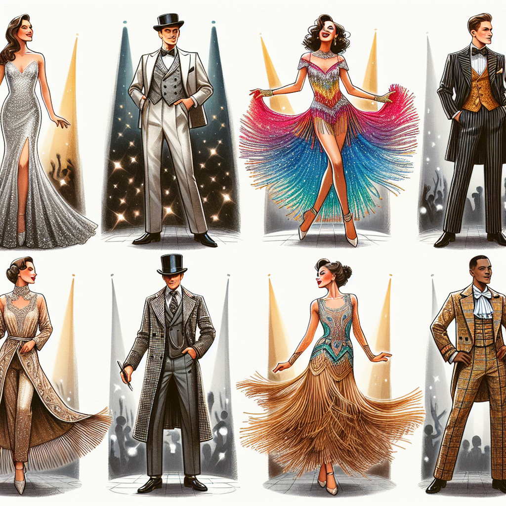 A illustrative collage of five stunning outfits suitable for Broadway shows. Each outfit is effortlessly chic, demonstrating an appreciation for both comfort and style. The first outfit includes a sparkly evening gown, spotlighted as if on stage. The second showcases a tailored suit for a male actor, complete with a top hat. The third is a playful, colorful costume for a female dancer, replete with fringes and sequins. The fourth contains a chic modern attire worn by a South Asian woman, whereas the last one shows a classical period costume donned by a Black actor. All images evoke a sense of theatrical drama and elegance.