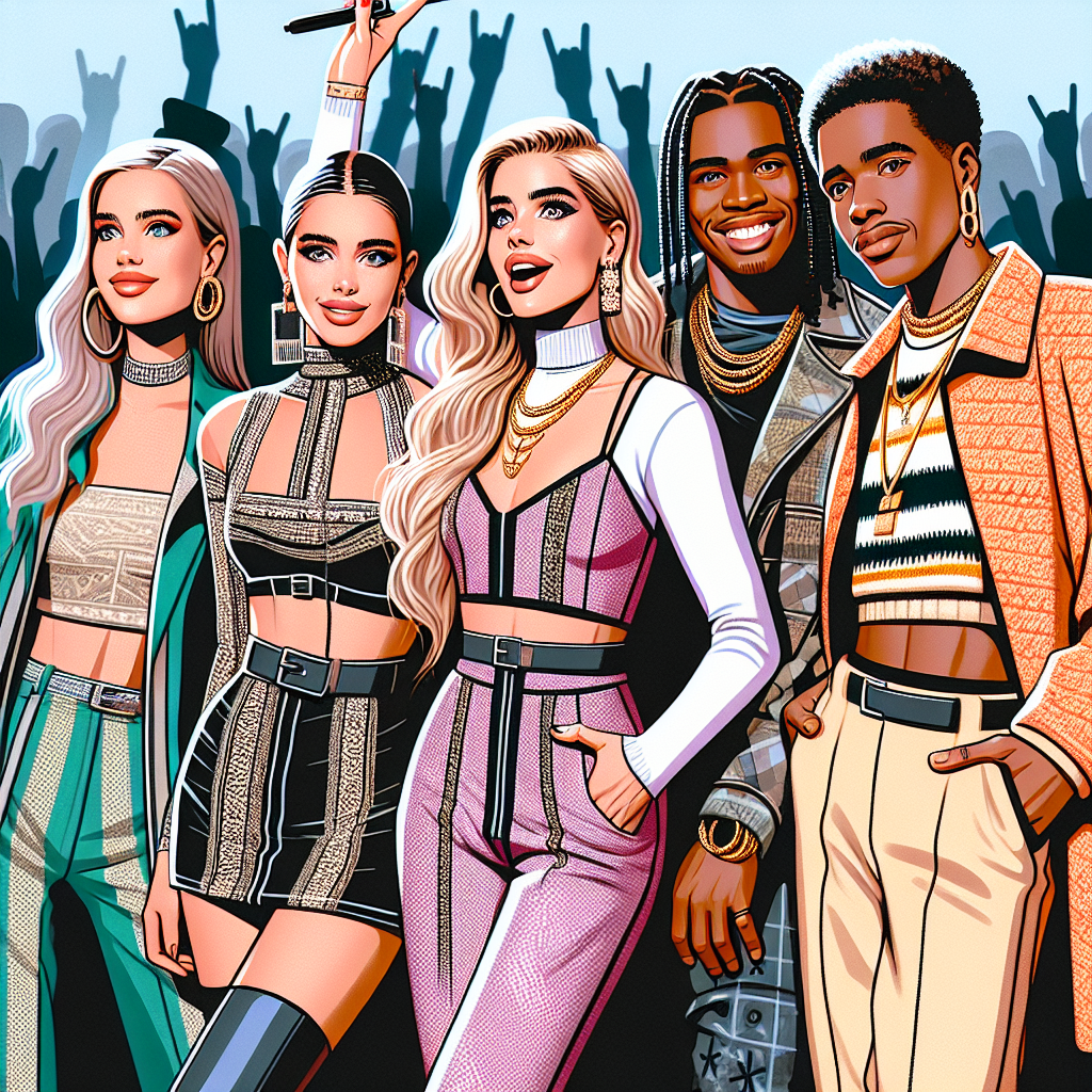What to Wear to a Taylor Swift Concert 2024: Must-See Styles! Create an image that represents popular fashion trends for a music concert in 2024! The image should show a group of four concert-goers, exuding excitement and anticipating the music performance. They should be dressed in stylish, vibrant attire suitable for a concert of a popular female pop artist. Picture two women of Caucasian descent and two men, one of Black descent and the other Middle-Eastern. Each person's outfit should reflect their unique personal style, while keeping to the overarching pop concert theme. The illustration should portray a sense of unity, camaraderie, and a shared love for music.