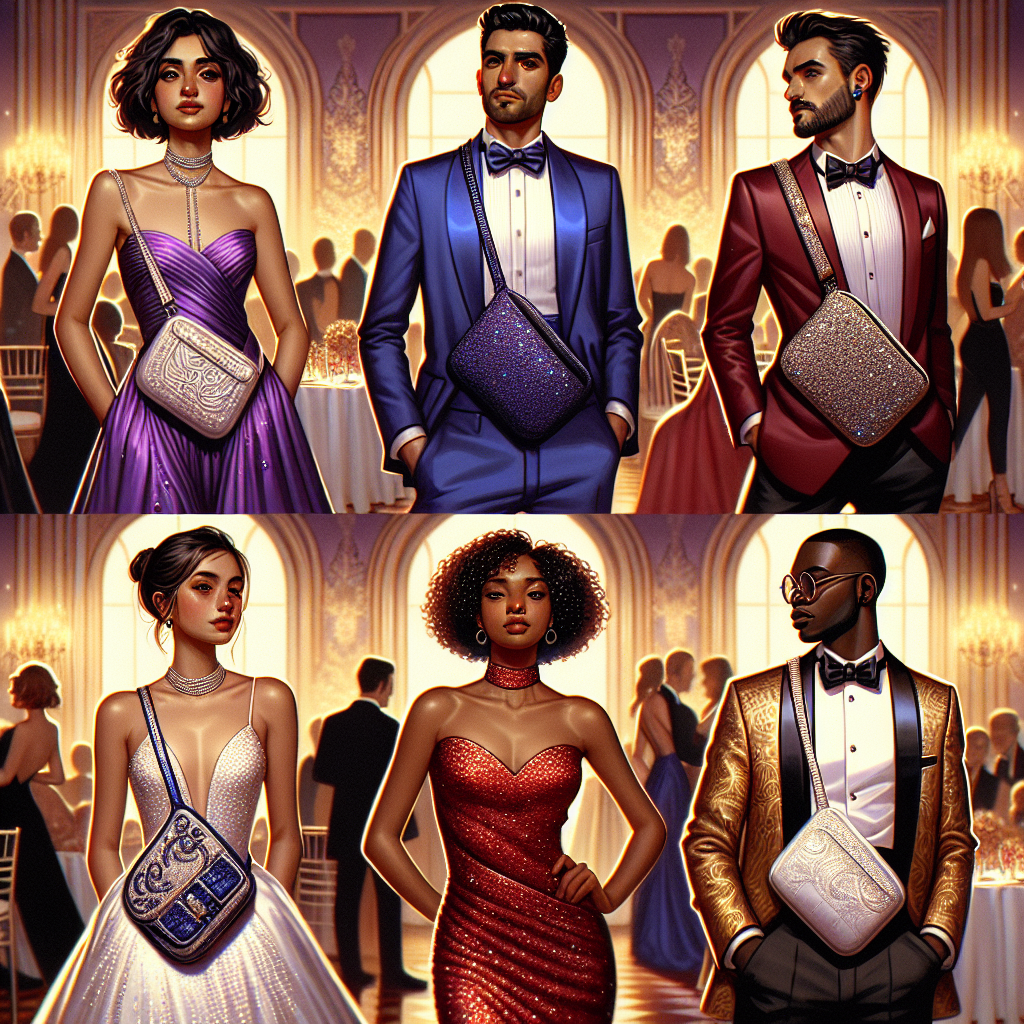 Stunning Gala Styles for Sling Wearers: Effortless Elegance Depict a ballroom scene where various individuals are showcasing their elegant outfits at a gala. In this scene, focus especially on four figures flaunting stylish sling wear. The first figure is a middle-eastern woman in a shimmering purple dress with an embellished sling to match. The second figure is a South Asian man in royal blue tuxedo with a stylishly designed white sling. The third is a Hispanic woman wearing a red sequin gown and an equally glittering sling. The last person is a black man looking regal in a golden suit with a sling adorned with black gemstones.
