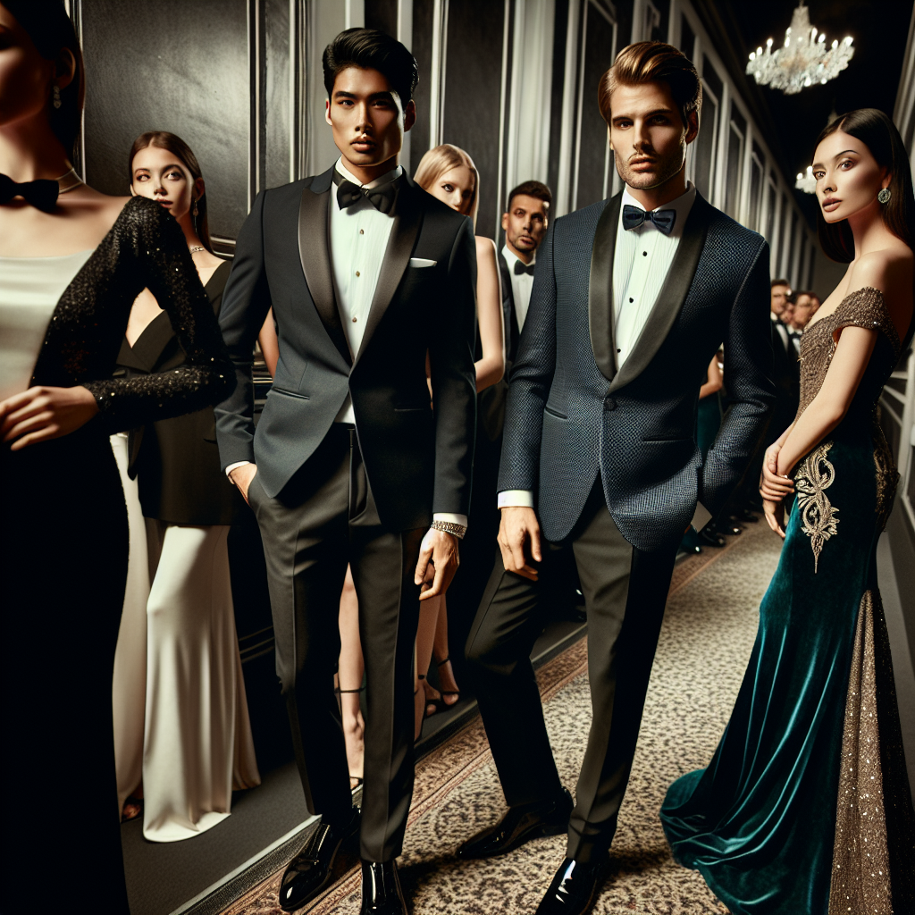 What to Wear to a Gala: Stunning, Effortless Elegance Envision a classy and elegant gala scene. A line of people awaiting their grand entrance. A South Asian man poses confidently, donning a crisp, well-tailored tuxedo with bow tie and patent leather shoes, reflecting impeccable taste. Nearby, a Caucasian woman in a sleek, minimalist, and effortlessly elegant black gown paired with dazzling diamond accessories whispers subtle sophistication. Further along a Hispanic man turns heads in a midnight blue dinner jacket and tailored trousers, while a Middle Eastern woman shines in an emerald floor-length dress adorned with intricate gold embellishments. The crowd's attire sets the tone for a memorable evening of elegance and style.