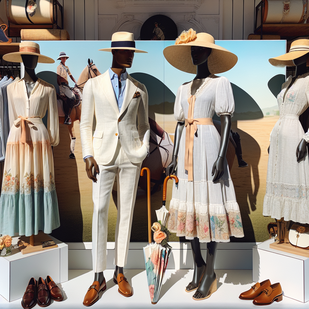 What to Wear to a Polo Match: Stunning, Chic Picks Imagine a bright sunny day at the polo grounds. There is a display showcasing a variety of stunning yet chic outfits ideal for a polo match. This includes a fashionable white linen suit on a South Asian man and a flowing, light summer dress in pastel colors on a Black woman. For accessories, a classic Panama hat for the man and a wide-brimmed straw hat decorated with ribbons for the woman. Both are holding fancy, decorated umbrellas to shelter against the sun. Completing their stylish ensembles are polished leather loafers for the man and elegant wedge sandals for the woman.