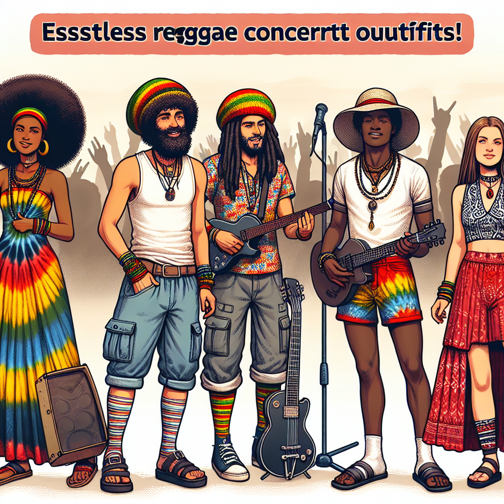 Imagine a scene at a reggae concert. A diverse group of four people are enjoying the music, all of them dressed in their best concert outfits. The first person is a Middle-Eastern woman with big curly hair and she's wearing a vibrant tie-dye dress with comfortable sandals. Standing next to her is a South Asian man wearing colorful baggy pants and a wide-brim hat. The third is a Black man in a white sleeveless top, denim shorts, and a bandana. Lastly, the White woman is in a unique ensemble of patterned blouse, red skirt, and flip-flops. All of them convey the text 'Effortless Reggae Concert Outfits: Must-Have Styles!'