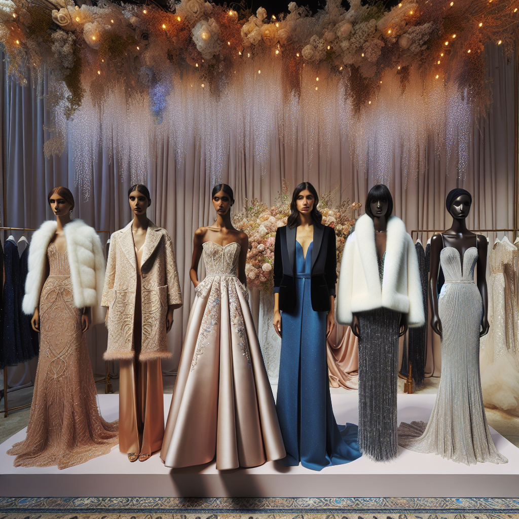 A fashion display showing diverse elegant outerwear options to complement formal dresses for a wedding. The selections include a lavishly embroidered champagne-colored shawl draped over a dusky rose ball gown worn by a South Asian woman, a sleek black tuxedo jacket casually hung over a sapphire-blue sheath dress on a Middle-Eastern woman, and a soft, faux-fur white stole positioned atop a shimmering silver mermaid dress modelled by a black woman. The backdrop is a tastefully decorated wedding venue with strings of twinkling fairy lights and a luxurious floral arrangement.