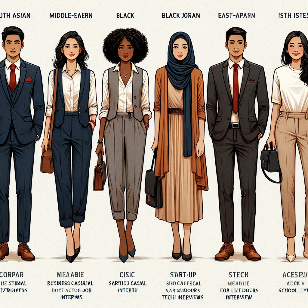 Stunning Interview Outfits: Your Effortless Guide A detailed visual guide comprising of six distinct outfits suitable for different types of job interviews. Display a South Asian man in a formal navy-blue suit with a crimson tie for corporate environments, a Middle-Eastern woman in chic business casual attire with a blazer and khaki trousers for a start-up interview, a Black woman in a stylish yet formal grey jumpsuit for media companies, a Caucasian woman in a modest but fashionable dress and smart cardigan in soft colors for school interviews, an East Asian man in a sharp white shirt and nice jeans for tech firms, and finally, a Hispanic man in a casual shirt and chinos for a laid-back creative agency. The outfits should be visually labeled with the type of interview they are appropriate for.