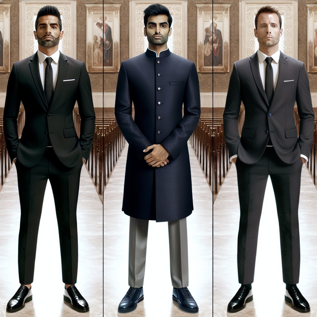 What Should a Guy Wear to a Funeral: Effortless Guide Imagine an image composed of three different partitions showing men of diverse descents: a Hispanic man, a South Asian man, and a Caucasian man. They are all dressed respectfully appropriate for a funeral. The Hispanic gentleman wears a finely tailored black suit, white shirt, and a black tie. The South Asian man is shown in a dark navy Sherwani, complete with matching shoes, emanating elegance and grace. The Caucasian man is sporting a charcoal grey suit, crisp white shirt, and a dignified black tie. Their overall carriage indicates respect, solemnity, and careful consideration of the event's gravity.