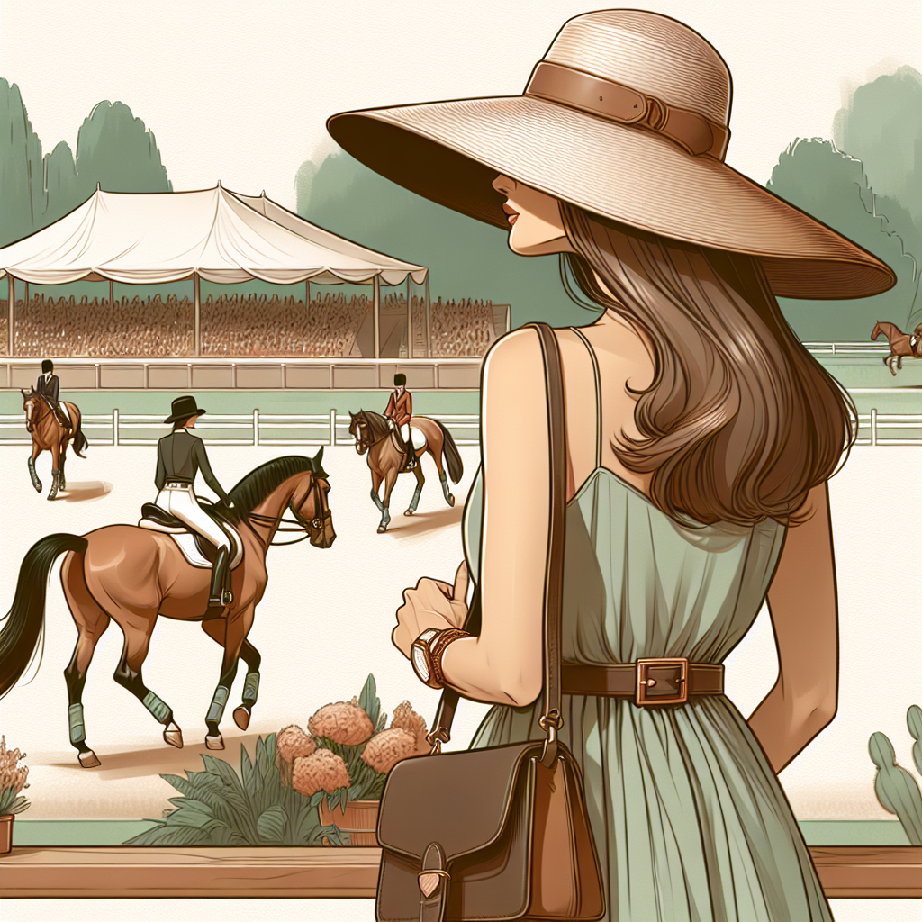 Must-Watch Styles: What to Wear to a Horse Show as a Female Spectator An illustration of a horse show from the viewpoint of a female spectator. She is dressed in a sophisticated style, ideal for the outdoors. She is a middle-aged South Asian woman, wearing a chic sun hat to shield from the sun, and a light summer dress that is comfortable yet fashionable. She carries a fashionable leather shoulder bag for essential items. Comfortable yet stylish flats grace her feet. In the background, show horses can be seen performing their routines, evoking a sense of elegance and grace.