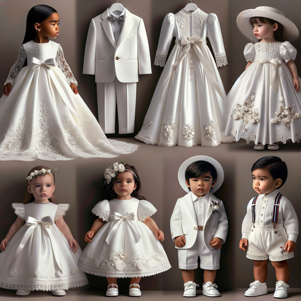 Must-Have Baptism Outfits: Effortlessly Elegant A detailed display of several must-have outfits for a baptism ceremony. On the left, a traditional long white gown designed with delicate lace details, worn by an Asian baby girl. To her right, a Hispanic toddler boy donning a smart white suit, complete with a tie and shiny shoes. Further to the right, an elegant baptism outfit for an African toddler girl, featuring a beautiful white dress adorned with satin ribbons. Lastly, on the far right, a Caucasian toddler boy in an embroidered white romper, paired with a cute hat. All outfits styled with timeless elegance and grace.