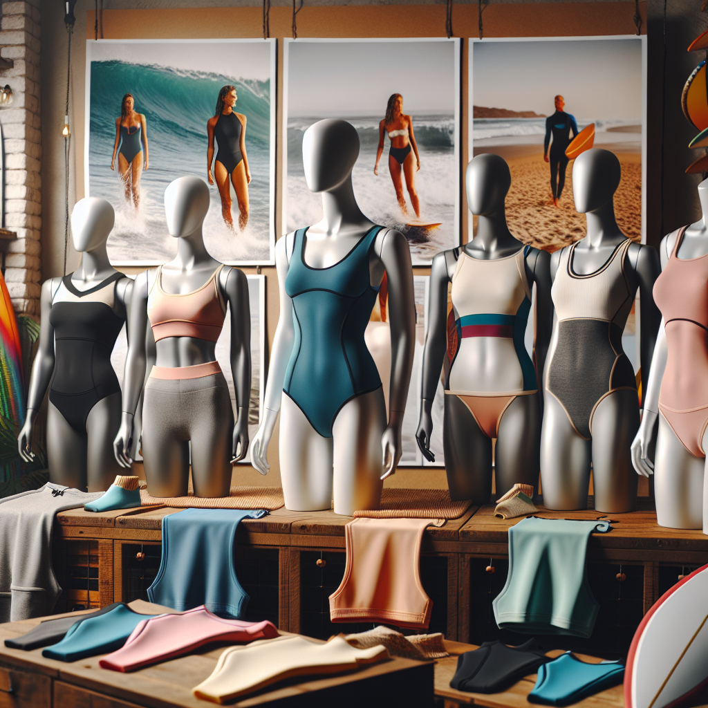 Must-Have Styles: Effortless Wetsuit Undergarments Imagine an array of essential undergarments for wetsuits. Picture a variety of styles prioritizing ease and comfort. Capture a diverse selection of breathable fabrics in an assortment of colors. Display these on mannequins, showing the design and fit of each item, suggesting ease of movement and comfort. The backdrop is a surf shop with surf-themed decorations and accessories like colorful surfboards. The scene radiates effortlessness, functionality, and style, making the undergarments an irresistible must-have for any water sport enthusiast.