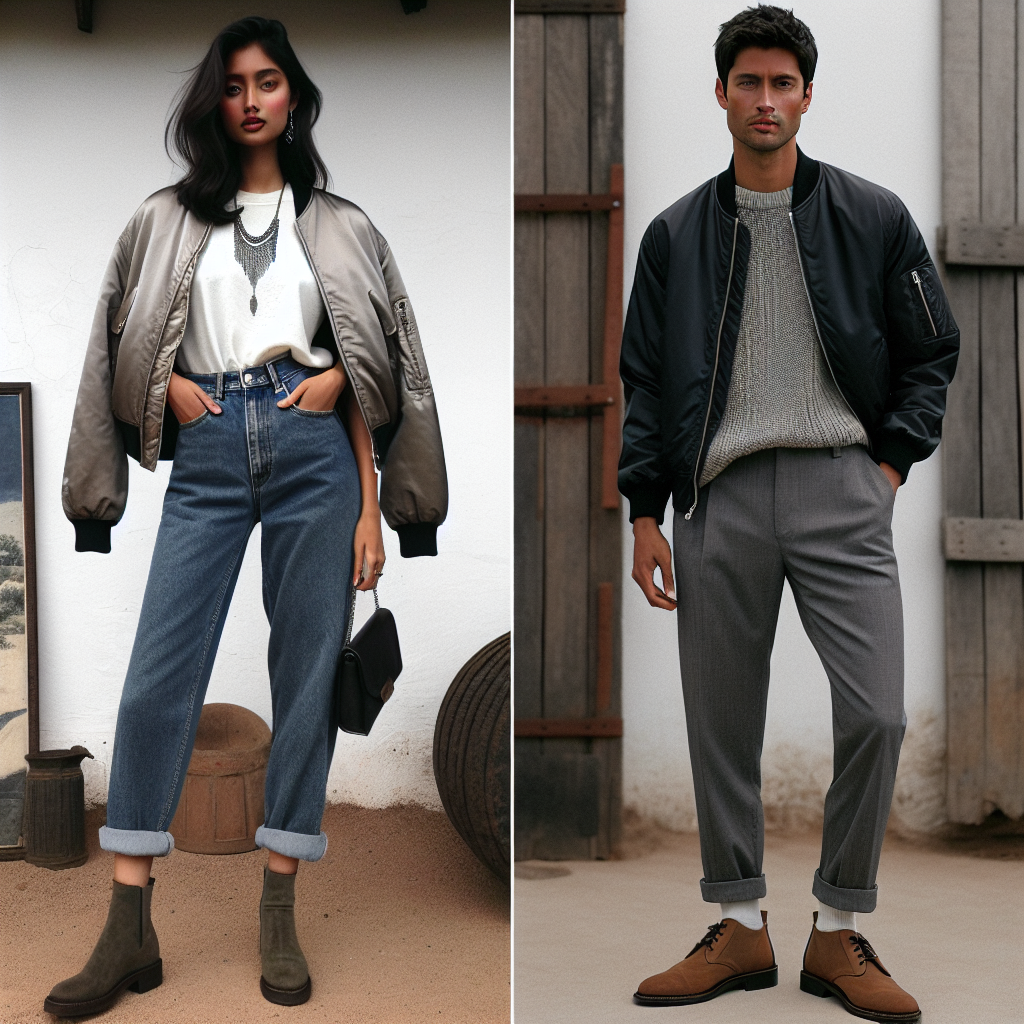 What to Wear With a Bomber Jacket: Effortless Style Tips Picture this: a South Asian woman in her late twenties with a bomber jacket, matching it with a pair of high-waisted jeans and a basic white t-shirt underneath. She's accessorising with a statement necklace and olive green ankle boots. Her clothing exudes a sense of effortless style and are perfect tips for what to wear with a bomber jacket. In another scenario, a Hispanic man in his early thirties is wearing a black leather bomber jacket with grey chinos, tan desert boots and a simple monochrome sweater. His relaxed, well-coordinated outfit perfectly complements the bomber jacket, setting a prime example for men's casual wear.