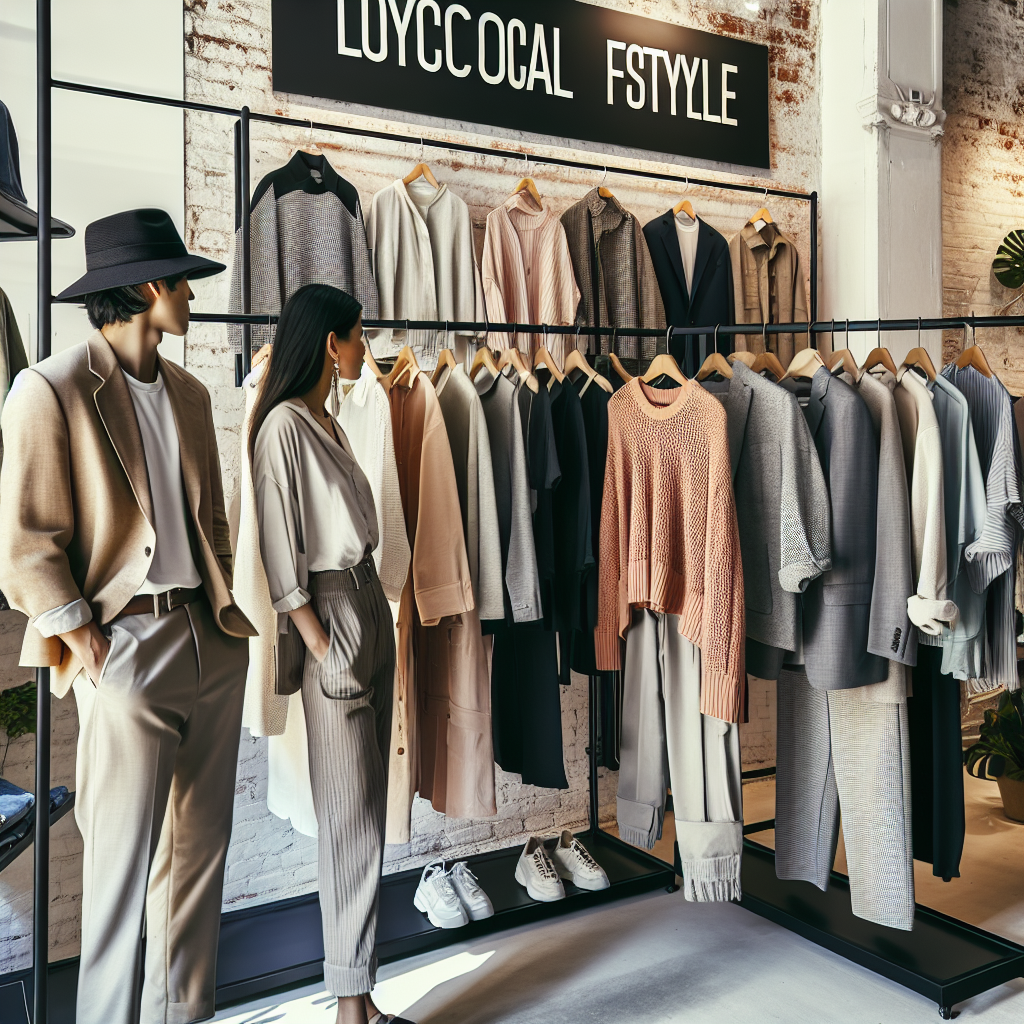 Dress Like a Local: Must-Have NYC Outfits Image of an array of stylish outfits hanging on a clothing rack. The outfits are characteristic of NYC local fashion encompassing varied styles like sophisticated professional wear, creative and layered street style, as well as comfortable and casual outfits. Each attire is meticulously assembled to give off the likely vibes of different NYC boroughs. A South Asian woman and a Caucasian man are seen browsing these outfits, trying to capture the essence of NYC culture. The backdrop is a chic, minimalist clothing store with exposed brick walls, giving an essence of urban architecture.