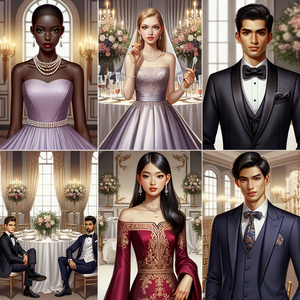 Stunning Outfits for Formal Weddings: Effortless Elegance Depict a variety of elegant wedding attire suitable for formal occasions. Show a Black woman wearing a lilac chiffon evening gown accented with pearl accessories, a Middle-Eastern man in a tailored black tuxedo with a silk bow tie, and an Asian woman in a sophisticated red silk dress with gold embroidery details. Also include a white man in a classic navy blue three-piece suit with a paisley tie. The backdrop should be a lavishly decorated wedding venue with crystal chandeliers, grand floral arrangements, and tasteful table setups.
