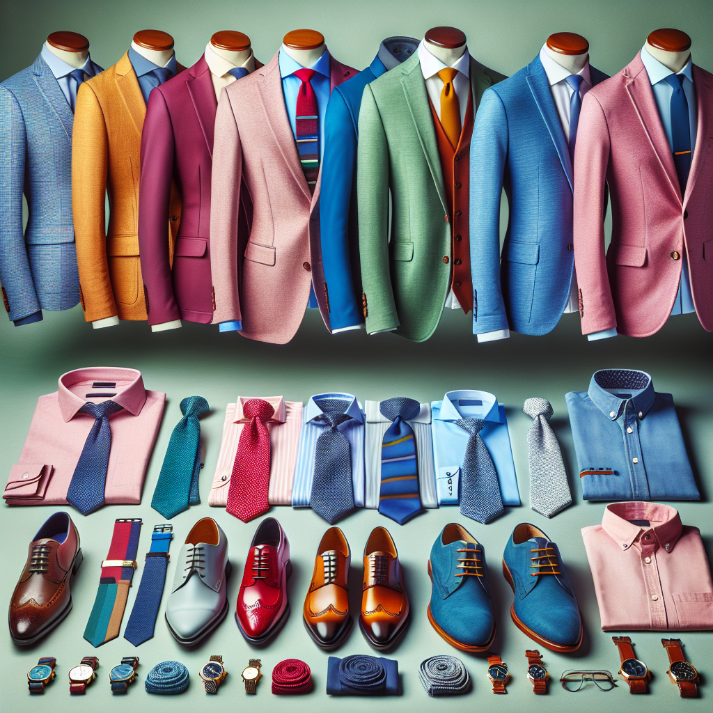 A colorful display of fashionable attire for men attending engagement parties. Visualize a variety of stylish and stunning outfits lined up, showcasing a balance between casual and formal wear. Each outfit comprises of neatly arranged elements like a crisp shirt, tailored jackets, ties in vibrant hues, smart trousers, and polished shoes. Place a few trendy accessories like watches, cufflinks, and pocket squares nearby, accentuating the style quotient. All of this radiates subtly against a serene backdrop that evokes the essence of an engagement party atmosphere.