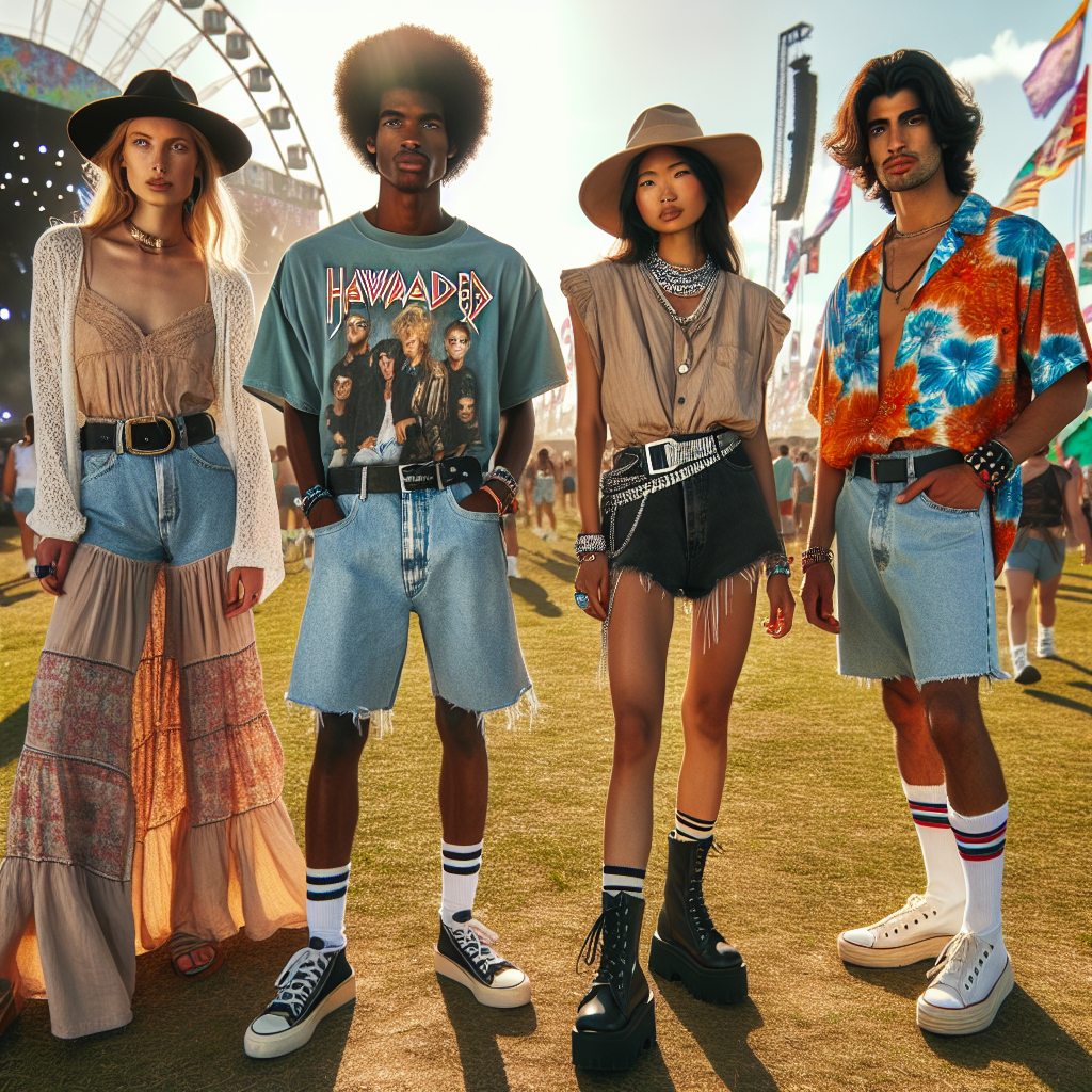Must-Have Festival Styles: What to Wear for Unforgettable Fun Picture a vibrant outdoor music festival scene with four individuals showcasing their unique and stylish festival outfits. To the left, a Caucasian woman is dressed in a bohemian style maxi dress, paired with strappy sandals and a wide-brimmed hat. Standing next to her, an African man is wearing a retro band t-shirt, distressed denim shorts, and classic canvas sneakers. Towards the right, an Asian woman is sporting a trendy tie-dye jumpsuit with chunky platform boots, complemented by a shimmering body chain. Next to her, a Middle-Eastern man has chosen a vibrant Hawaiian shirt, chino shorts, and espadrilles for an easygoing, tropical vibe. Their expressions convey anticipation and excitement, eager for a day of live music and fun.
