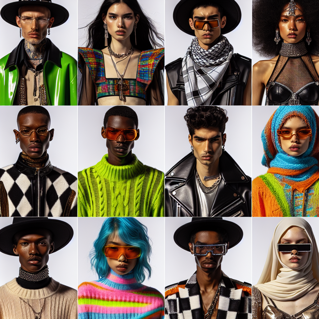 Must-See Styles: What to Wear to a Billie Eilish Concert Create an image showing a variety of concert-appropriate outfits inspired by avant-garde fashion trends. Feature a diverse mix of models showing these styles. The models should come from a variety of descents, such as Middle Eastern, Hispanic, and Black. Also, ensure equal gender representation among the models, with both male and female models showing off the outfits. Focus should be on the outfits which are consisting of neon colors, oversized silhouettes, matching sets, and unique accessory pieces.