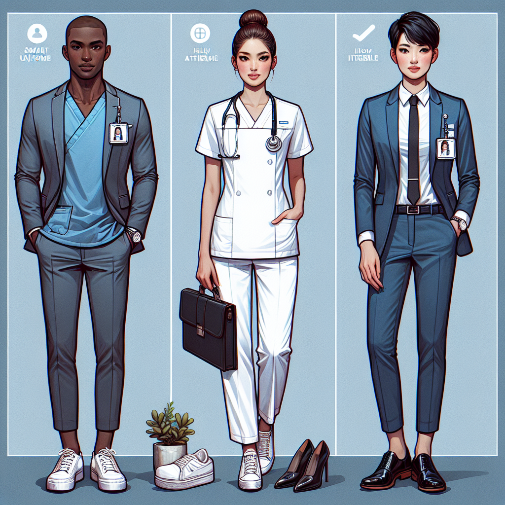 Visualize a professional photoshoot set up displaying three unique interview attire for nursing professionals. One outfit is a scrubs-style ensemble worn by a black male, with a neat haircut. The second outfit is a neat white uniform worn by a South Asian female with a tasteful bun hairstyle. The third outfit captures the image of a smart casual attire suitable for a nursing interview, worn by a Hispanic female with her hair swept back in a sleek ponytail. All outfits ooze professionalism and style, with accessories like a stethoscope, ID badge, and polished shoes.