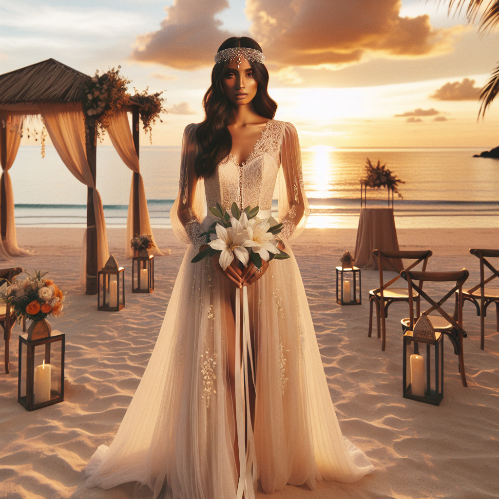 Stunning Beach Wedding Outfits for Her: Must-Have Styles Imagine a picturesque beach wedding scene during a golden sunset. In the foreground, there's an elegant woman wearing a wedding outfit curated with utmost finesse. She is South Asian and her style exhibits tasteful fusion fashion. Her attire is a soft flowing white dress with delicate lace details and pearl embellishments. She also wears a bejeweled headband adding a sparkling touch to the beachy, boho-chic style. In her hands, she holds a bouquet of tropical flowers. The sandy beach backdrop is dotted with rustic wooden chairs for guests, a simple flower-bedecked arch, and the endless ocean meeting the painted sky.