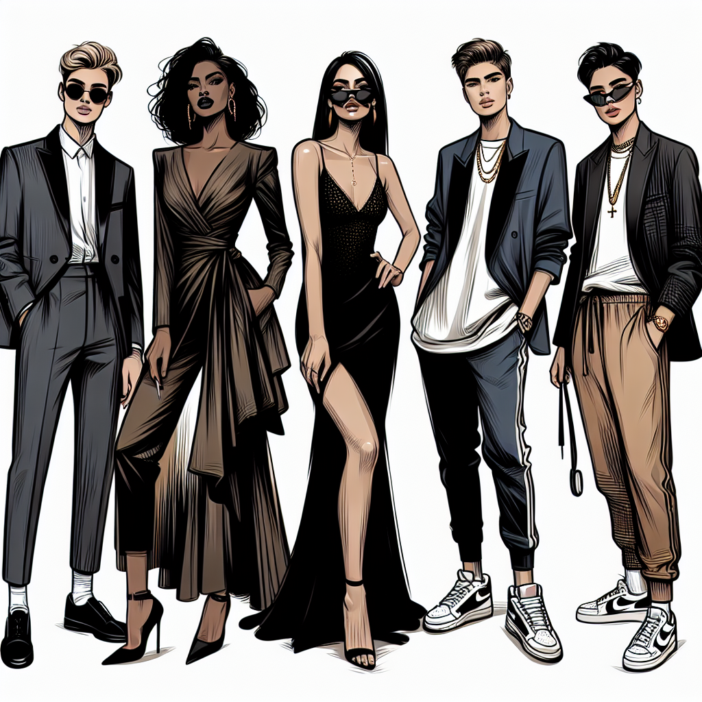 Illustrate a fashionable gathering. Show a group of six individuals, each displaying a unique and different outfit that would be considered a 'must-have' in the world of casting. Detail three women &mdash; one Hispanic with a professional suit, one Black woman in a glamorous evening dress, and one Middle-Eastern woman rocking a casual chic attire. Showcase three men as well &mdash; a South Asian man adorned in a slick tuxedo, a Caucasian man in fashionable streetwear, and an East Asian man dressed in a trendy sporty outfit. Emphasize the confidence and style of these individuals.