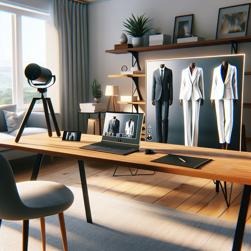 Visualize this scene: A bright and modern home office space with a dedicated setup for virtual interviews. On a sleek wooden desk are a sleek laptop, a high-resolution webcam, and professional lighting. Displayed on the screen are three exclusive outfit options for virtual interviews - each one addressing a broad example of descent and gender. The first outfit is a sharp blazer and matching trousers for a Black woman, the second outfit is a well-pressed, immaculate white kurta-pajama for a South Asian man, and the third a vibrant, assertive business dress for a Hispanic woman. The room, bathed in soft natural light, gives the atmosphere of poised readiness for any professional engagement.