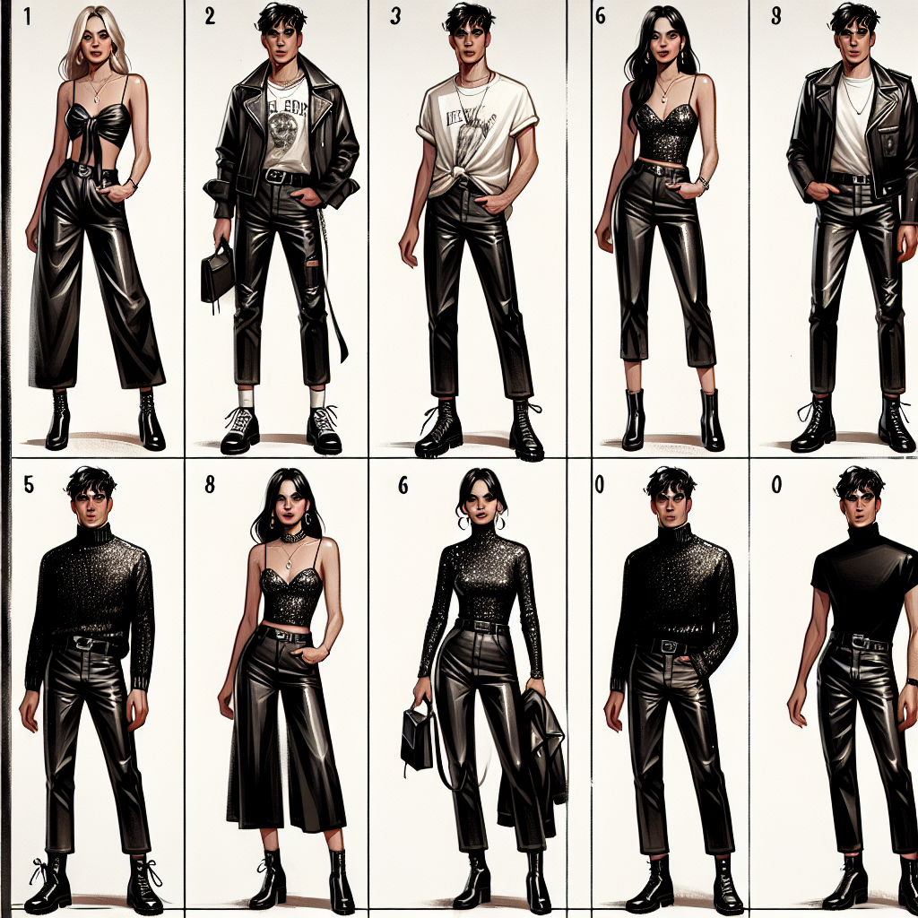 Exclusive Guide: Best Outfits with Black Leather Pants for Nights Out A fashion guide demonstrating a variety of trendy outfits paired with black leather pants for nighttime social occasions. The image showcases a carousel of stylized figures. The first figure is a Caucasian woman in a cropped scarf top, the black leather pants, and chunky boots. The second figure, an East Asian man, exudes rocker aesthetics with a distressed white t-shirt and the black leather pants. Third, a Middle-Eastern woman in the black pants and a sparkling sequin top. Last, a Hispanic man wearing a sleek black turtleneck with the leather pants. Each look varies significantly, expressing different tastes and styles.