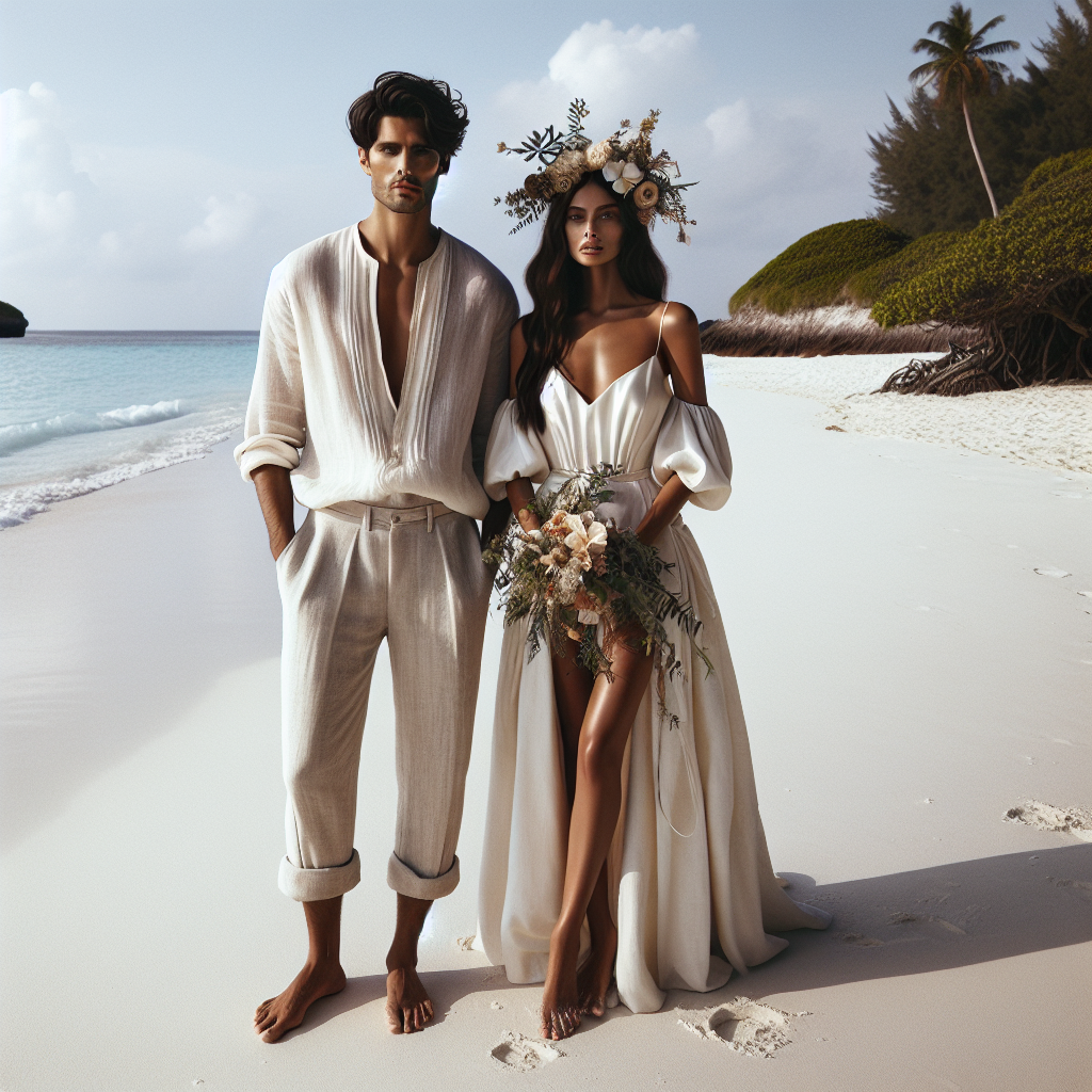 Visualize a serene and beautiful beach setting with a wedding ceremony taking place. Capture the atmosphere of the salty sea air and the soft murmurs of waves. Paint a bride and groom who represent effortless elegance in their attire. The groom is a Hispanic man, dressed in an off-white linen suit with a loose tie and rolled-up sleeves, standing barefoot on the white sands. On the other hand, the bride is a Middle-Eastern woman, clad in a flowing white silk gown and barefoot, her hair adorned with an assortment of tropical flowers. They each radiate happiness and tranquility, perfectly complementing the natural beauty around them.