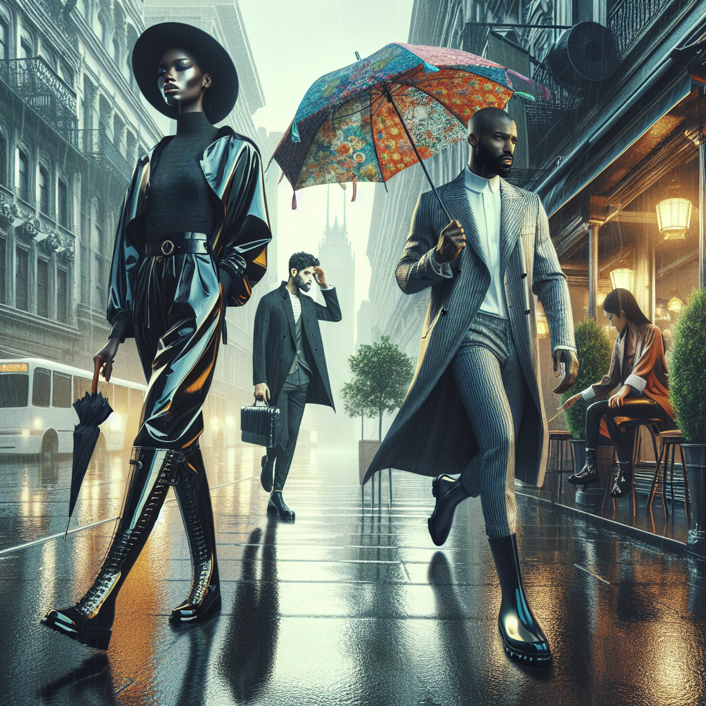 Must-Have Rainy Day Outfits: Stay Chic Effortlessly Create an image showcasing stylish rainy day outfits. The scene is a chic city street after a fresh rain. In the foreground, a Black woman is wearing a fashion-forward raincoat, waterproof boots, and a trendy hat. She holds a designer umbrella festooned with vibrant colors. Across the street, a Middle-Eastern man, clad in a sleek waterproof suit and stylish rain boots, strides confidently through the light drizzle. To the far right, a South Asian woman is seen under the protective awning of a café, adjusting her on-trend waterproof bag. The wet pavement reflects the cool tones of the overcast sky and city lights.