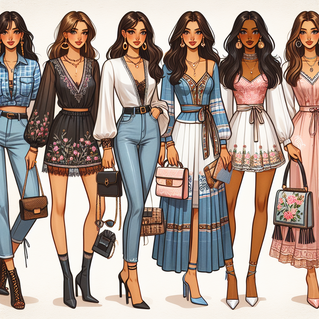 Stunning First Date Outfits for Every Woman An assorted collection of stunning first date outfits for women of different descents and body types. Include a casual-chic denim look with a trendy blouse for a Caucasian woman, a sophisticated little black dress with accessories for an Hispanic woman, a vibrant and stylish traditional South Asian ensemble for a South Asian woman, an elegant pastel dress for a Black woman, and a stylish modern Middle-Eastern outfit for a Middle-Eastern woman. Add some accessories such as handbags, fashion jewelry, and footwear to complete each look.