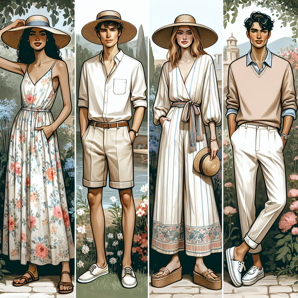 Summer Garden Party Outfits: Effortless, Must-Have Styles Visualize a serene and joyous summer garden party scene. Display a Hispanic woman wearing a light-weight, floral-patterned maxi dress, a pair of stylish sandals, and a floppy straw hat. Capture a Caucasian man with a cool linen shirt, chino shorts, and boat shoes. Include a Middle-Eastern woman donning a chic jumpsuit paired with wedge sandals, and a South Asian man embracing a smart-casual style with a pastel polo shirt, white trousers, and loafers. Each individual should exhibit their unique style, embodying effortless elegance and summertime comfort.