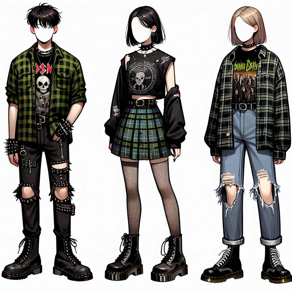 Must-Wear Outfits for Green Day Concerts: Stunning & Effortless! Create an image showcasing three unique concert outfit styles suitable for attending a rock music concert. The first outfit should be a punk-inspired look for a South Asian male, featuring a green and black plaid shirt, ripped black jeans, and leather boots. The second outfit is for a Caucasian female, which includes a distressed band t-shirt, a camo-print mini skirt, and chunky black boots. The final outfit is for a Middle-Eastern non-binary individual, featuring a grunge style oversized flannel shirt in various shades of green, black ripped skinny jeans, and doc martens.