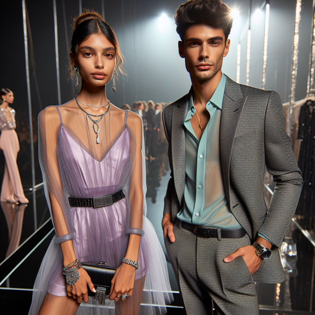 Stunning Sheer Dress Solutions: Effortless & Chic Two fashionably dressed individuals presenting elegant solutions to styling sheer dresses. One individual, a Black woman with her hair styled in a chic updo, wears a lavender sheer dress layered over a fitted dress. She accessories her outfit with statement jewelry. The other individual, a Hispanic man with a trendy hairstyle, wears a tailored blazer over a sheer mint-green shirt, paired with sleek trousers. He carries a stylish clutch bag as an accessory. The backdrop is a glitzy fashion event, creating an atmosphere of effortless chic and glamour.