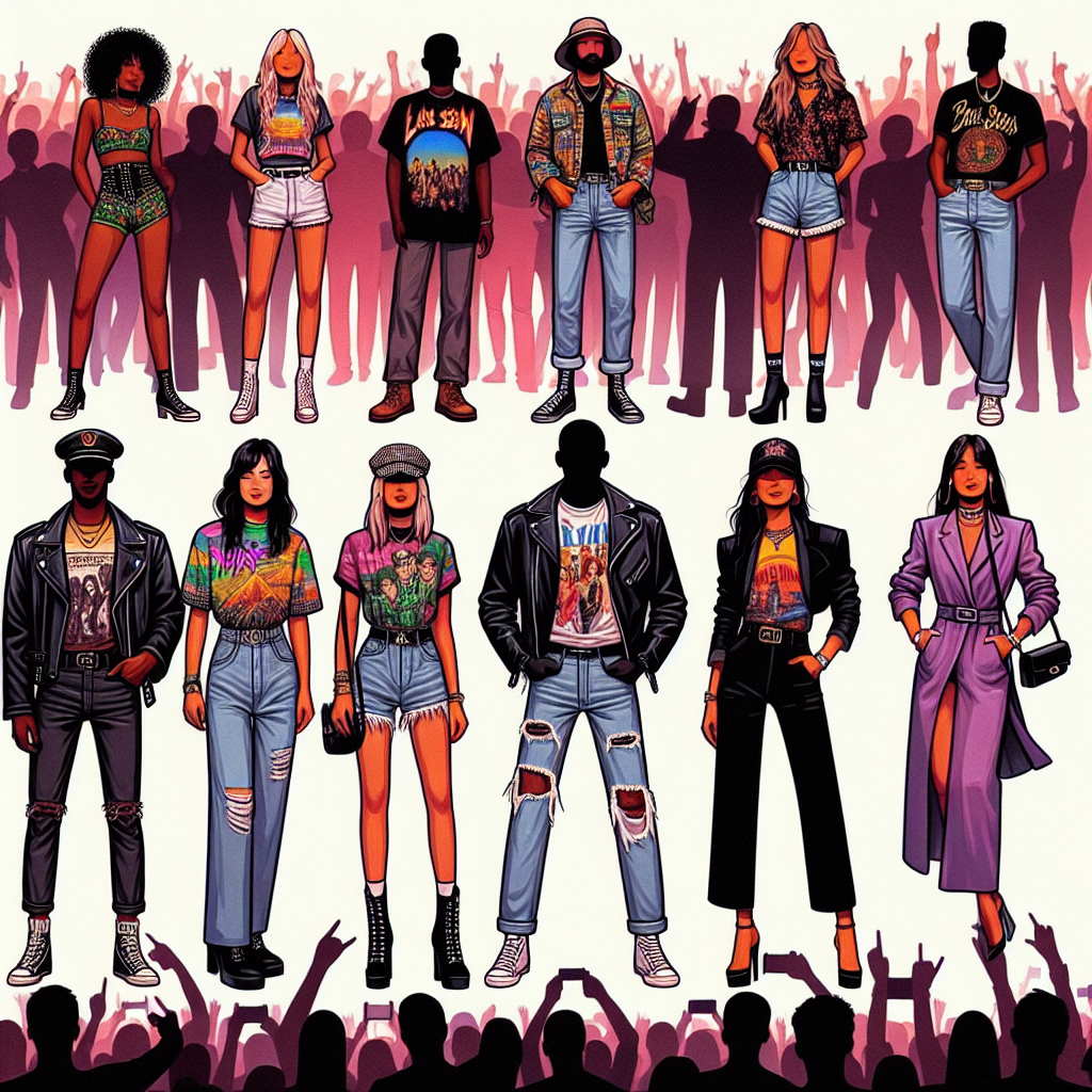 Stunning Outfits for Post Malone Concert: Must-Have Looks! Imagine the scene of a lively, music-filled concert. There are numerous people in the crowd, each displaying unique fashion styles. A Caucasian woman is wearing trendy high-waisted shorts, a colorful vintage band t-shirt, and a black leather jacket. A Black man is worn in ripped denim jeans, paired with a vibrant, graphic print shirt and a cap worn backwards. A Hispanic woman is seen in a sleek, chic jumpsuit, paired with stilettos. These outfits reflect a range of personal styles, embodying the spirit of fun and individuality that represents concert attire. Generate this colorful and electric concert scene.