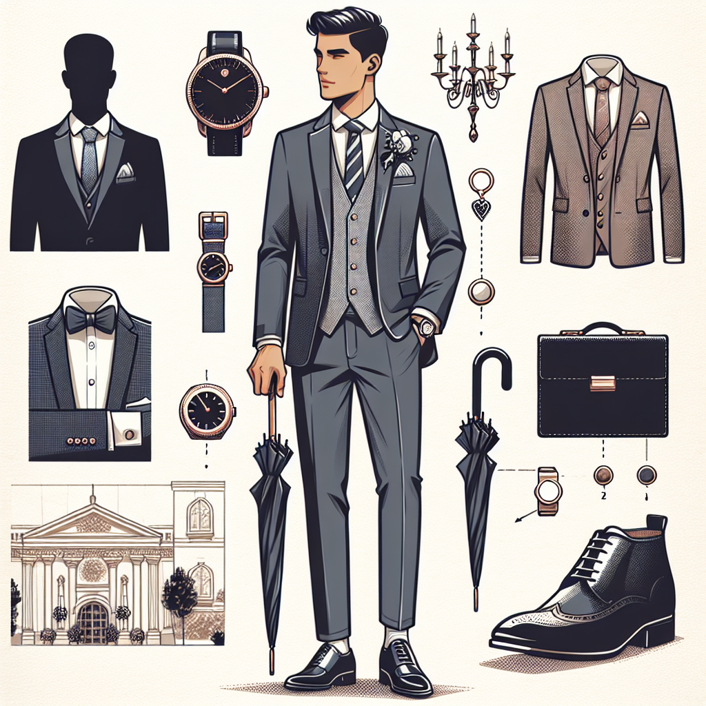 Must-Have Men's Wedding Guest Attire: Effortless Style Create an illustration showcasing a stylish male South Asian wedding guest. He should be wearing a well-tailored suit with color-coordinating accessories such as cufflinks and a stylish tie. A sleek pair of polished shoes with matching belt should be included in the attire. Let's add details like a fashionable wristwatch and a pocket square. His hair should be neatly styled, and he should hold with his right hand an umbrella, symbolizing the preparedness for all weather conditions. Add a background of a classy wedding venue to portray the event's ambiance.