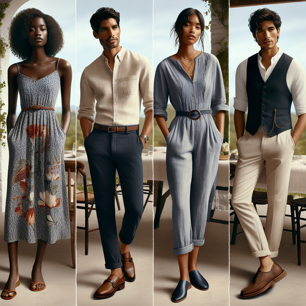 Stunning Outfits for Casual Wedding Guests: Best Picks A picturesque scene featuring four individuals at a casual wedding, each showcasing a unique and stunning outfit. The first person is a Black woman wearing a beautiful, floral-print sundress with elegant, strappy sandals. The second person is a South Asian man donning a stylish, linen button-up shirt paired with tailored, navy blue chinos, and loafers. The third person is a Hispanic woman looking chic in a casual, feminine jumpsuit teemed with a flattering waist belt and comfortable, slip-on shoes. The last person is a Middle-Eastern man, who sports a smart-casual vest over a crisp white shirt and khaki trousers, set off with leather boots.