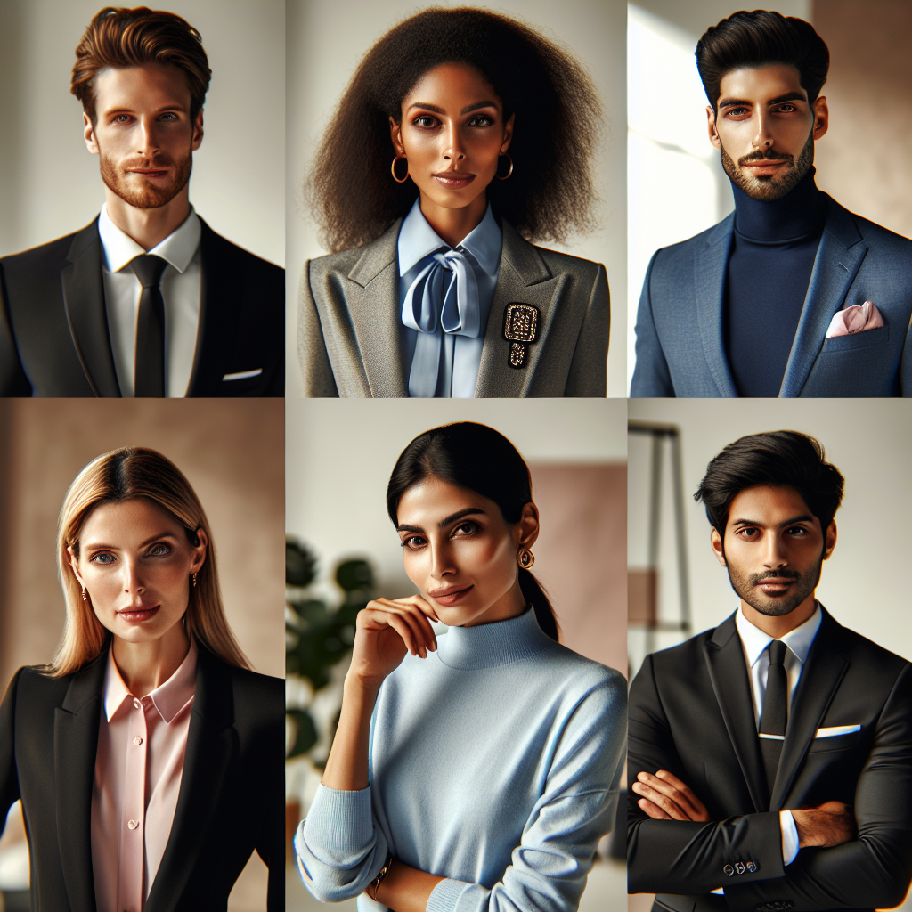 Stunning Headshot Attire: Dress to Impress! Imagine a scene featuring a diverse range of professional individuals of various descents and genders, showcasing stylish attire ideal for headshots. Present a Caucasian woman in a sharp and sophisticated black business suit, a Middle-Eastern man wearing a neat, pastel colored shirt, a Black woman dressed in an elegant blouse with an eye-catching brooch, a Hispanic woman sporting a classic blue blazer over a crisp white turtleneck, and a South Asian man in a modern slim fit charcoal grey suit. Let the setting be a well-lit studio environment, emphasizing the aura of confidence they portray.