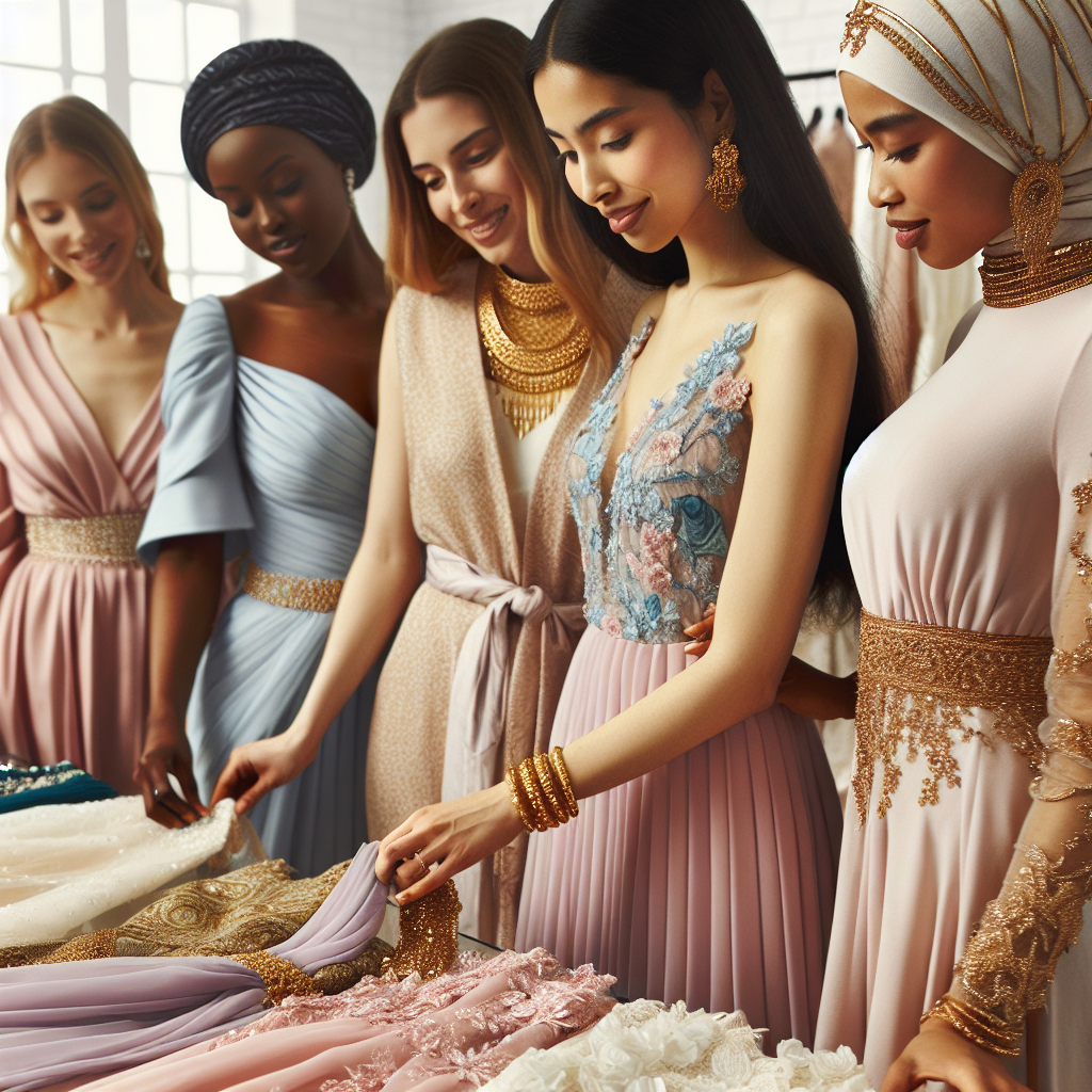 What to Wear to a Bridal Shower: Stunning Picks! Visualize a diverse group of women preparing for a bridal shower. A Black woman is scoping over a selection of elegant pastel-colored dresses, her face lighting up in anticipation. A Middle-Eastern woman is adorning herself with delicate golden jewelry. An Asian woman is delicately wrapping a beautifully-patterned shawl around her neck. There's an ambiance of excitement and delight. These ladies are showcasing stunning fashion picks for a bridal shower, combining style and grace, tradition and modernity. Create an image that encapsulates this opulent and joyful atmosphere.