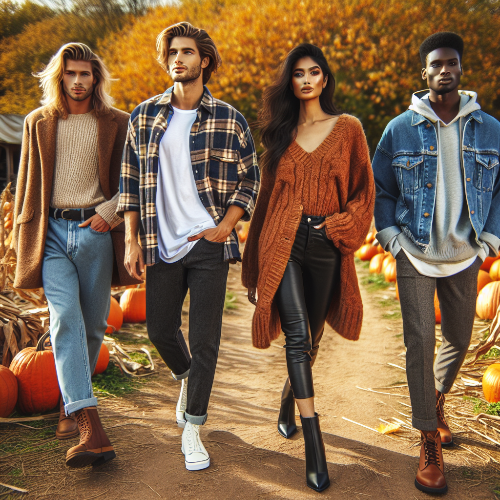 Stunning Outfits for Pumpkin Patches: Effortless Style Imagine a beautiful autumn scenery. A group of four fashionable individuals walking through a pumpkin patch, each in a stunning outfit that embodies effortless style. There's a Caucasian woman in a cozy, warm-toned knit sweater with high-waisted jeans and ankle boots. Next to her is a Hispanic man wearing a flannel shirt unbuttoned over a white t-shirt and dark wash jeans, completed with brown leather boots. A South Asian woman strolls nearby, rocking an oversized coat, black leggings, and knee high boots. Completing the group, a Black man is outfitted in a denim jacket, grey hoodie, and sneakers. Golden autumn leaves serve as the backdrop for their stylish autumn adventure.