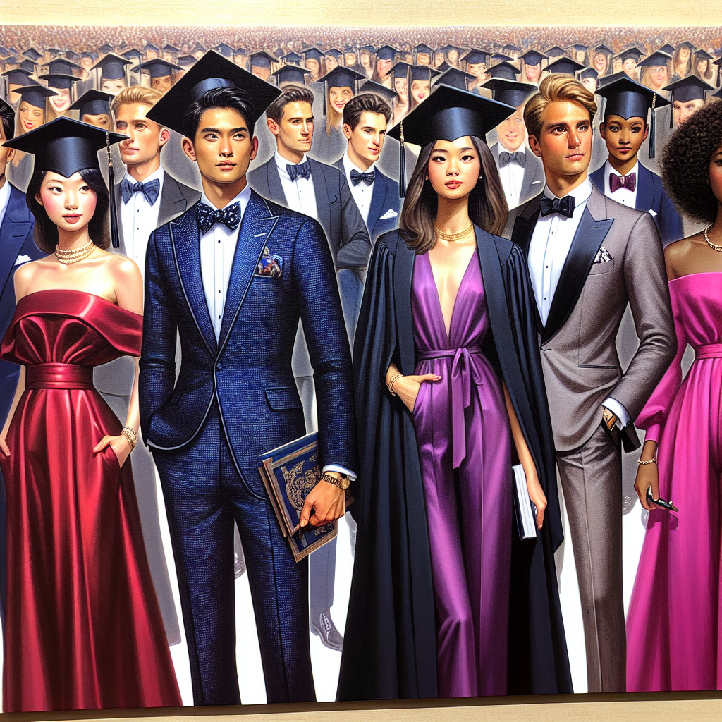Stunning Graduation Guest Outfits: Find Your Best Look Imagine all the glamour and glitz of a graduation ceremony, where the audience is decked out in stylish, head-turning outfits. Picture, a group of people outfitted as distinguished guests, each embodying a unique flair. The first one is a sophisticated Asian woman wearing an elegant red silk dress paired with gold accessories. Next to her, a tall, Caucasian man is dressed in a navy blue tailored suit, with a matching pocket square peeking out. Next is a bubbly Black woman, who has chosen a vibrant purple jumpsuit that makes her stand out in the crowd. Lastly, a Middle-Eastern man in a sleek grey tuxedo with a black bow-tie sums up the elegance of the occasion.