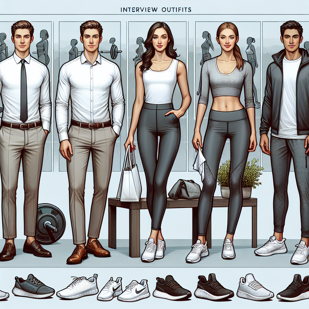 Stunning Gym Interview Outfits: What to Wear A detailed image illustrating various suitable interview outfits for a gym environment. On one side, there's a Caucasian male dressed in a smart casual ensemble consisting of a crisp polo shirt, comfortable khakis, and clean white sneakers. Beside him, a Hispanic woman showing off her outfit, consisting of a modern, neat blouse, trendy workout leggings, and stylish athletic shoes. In the center, a Middle-Eastern individual of unassigned gender, dons an elegant sports jacket, cool breathable t-shirt, sleek joggers, and running shoes. The background is a stylish blend of gym equipment.