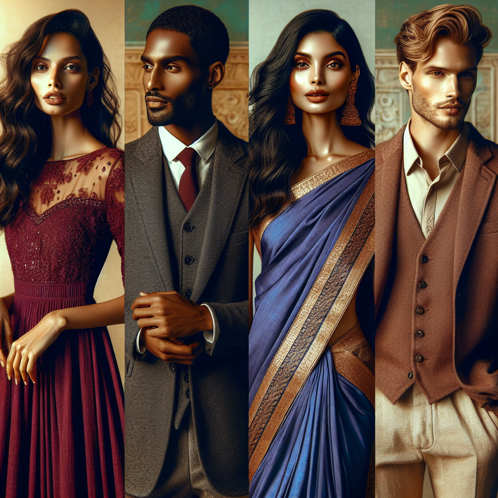 Stunning Wedding Guest Outfits for a Perfect September Create a vibrant image showcasing a variety of stunning wedding guest outfits suitable for a perfect September ceremony. Let the image include four individuals: a Hispanic woman dressed in a chic burgundy midi dress, a Black man wearing a charcoal grey three-piece suit, a South Asian woman donned in a royal blue saree with gold accents, and a Caucasian man dressed in a casual yet elegant beige linen suit. Capture the subtle warmth of early autumn in the color palette, with soft golden hues mixing with the deeper tones of the attire.