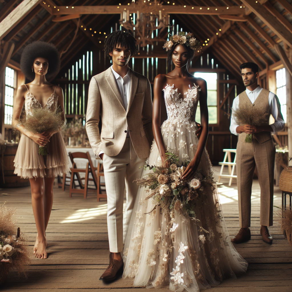 Must-Have Looks for Barn Weddings: Effortless Style Imagine an idyllic rustic barn wedding scene. Paint the picture with a couple. The bride, a black woman, is wearing an elegant lace wedding dress with whimsical floral embellishments, showcasing a perfect balance between traditional and boho styles. Her hair is styled in a chic updo, adorned with a delicate floral crown. The groom, a Hispanic man, is dressed in a smart beige linen suit, exuding a laid-back elegance. With them are bridesmaids, a Middle-Eastern woman and a South Asian woman, both clad in coordinated earth-toned chiffon dresses carrying wildflower bouquets. The barn is beautifully decorated with string lights, vintage wooden details, and blush floral arrangements.