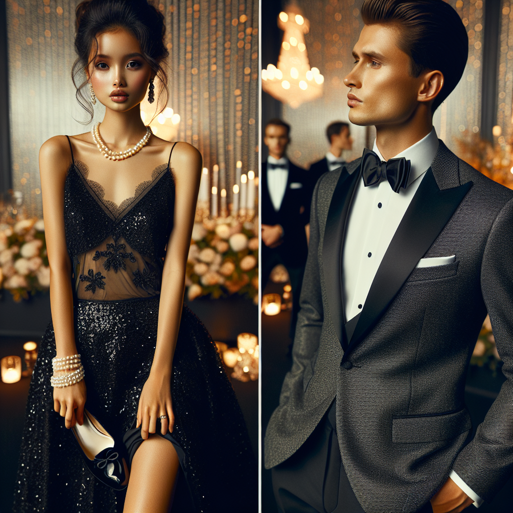 Must-Have Outfits for Black Tie Events: Elegant & Chic A selection of must-have outfits for black tie events. In the foreground, a woman of South Asian descent is wearing a chic, black sequin gown with delicate lace detailing. Her outfit is completed with pearl accessories and a stylish, updo hairstyle. Behind her, a man of Caucasian descent is donned in a classic charcoal grey tuxedo, neatly styled with a black bow tie and shiny oxford shoes. The scene is captured against the sophisticated backdrop of an elegantly lit gala with golden hues and chandeliers in the background.