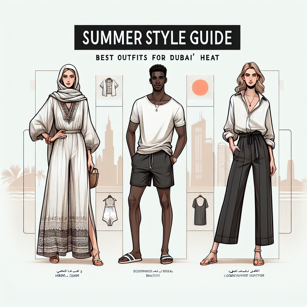 Summer Style Guide: Best Outfits for Dubai Heat Create an image showing a style guide for summer outfits in Dubai's heat. Include three outfits. The first is a light, airy, and stylish outfit worn by a Middle-Eastern woman, traditionally inspired but with a modern twist. The second outfit is a beachwear worn by a Black man, preferably a lightweight t-shirt and shorts combo. The third outfit is a business-casual one, worn by a South Asian woman, emphasizing comfort and elegance, consisting of a loose blouse and wide-leg trousers. The backdrop should be a minimalist design with labels for each outfit and a title: 'Summer Style Guide: Best Outfits for Dubai Heat'.
