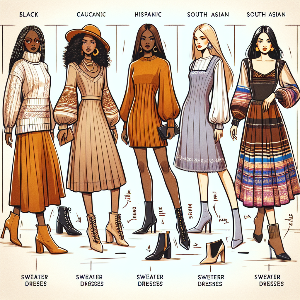 Stunning Shoes for Sweater Dresses: Must-Have Guide Illustrate a trendy fashion scene, with five different individuals from various descents like Black, Caucasian, Hispanic, South Asian, and Middle-Eastern, showcasing various styles of sweater dresses. Each of them is presenting a unique pair of stunning shoes exclusively selected to complement their sweater dresses. The scene captures the vibe of a fashion guide, with annotations indicating the key features of each ensemble. Maintain focus on the shoes and dresses to highlight how they have been paired together.