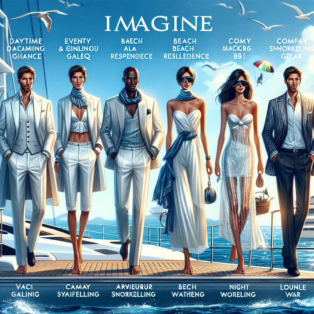 Stunning Yacht Outfits: Discover Your Best Look Imagine a series of five different luxury yacht outfits, designed to complement a glamorous sailing lifestyle. Each ensemble is tailored to fit a different yacht event: a daytime display of refined elegance, an evening gala resplendence, a casual beach BBQ attire, an adventurous snorkeling gear, and a comfy night lounge wear. Envision a diverse group of individuals modeling these outfits, with a balanced representation of Caucasian, Hispanic, Black, Middle-Eastern, and South Asian descents, and a mix of gender presentations. The image radiates the feel of a high-end fashion catalog with the sparkling blue sea as the backdrop.