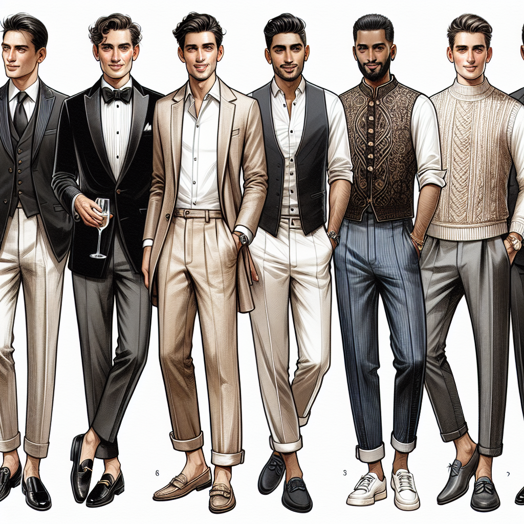Must-Have Outfits for Men at Weddings Beyond Suits Illustrate a series of trendy and extraordinary outfit ideas for men to wear at weddings, all offering alternatives to the traditional suit. Imagine a black-tie optional ensemble comprised of a refined velvet dinner jacket accessorised with designer loafers, a Hispanic man displaying a linen shirt paired with Chinos and boat shoes for a beach wedding, a Middle-Eastern man sporting a mandarin collar shirt with tailored trousers for a semi-formal event, a South Asian man in a monochrome Nehru jacket and fitted jeans crucial for a fusion-themed wedding, or a white man donning a stylish knitted vest with a collared shirt under, cuffs rolled, coupled with slacks for a casual winter wedding.