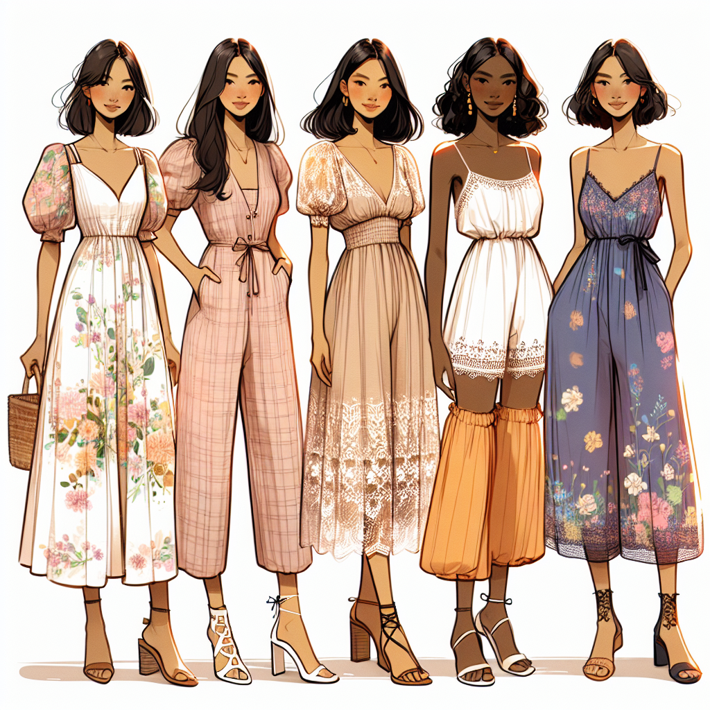 Stunning Outfits for Baby Showers: Effortless Style Demonstrate a collection of high-end, stylish outfits suitable for a baby shower. These ensemble pieces should exhibit an air of effortlessness yet sophistication. For variety, portray four standalone outfits. For one, visualize a Caucasian woman in a floral summer maxi dress, another display an Asian woman in a pastel-colored jumpsuit, a third display a Black woman in a dainty lace sundress and the last one visualize a Hispanic woman in a vibrant, loose-fit tunic. The outfits are adorned with elegant yet comfortable footwear and minimalist accessories, celebrating the joyous occasion.