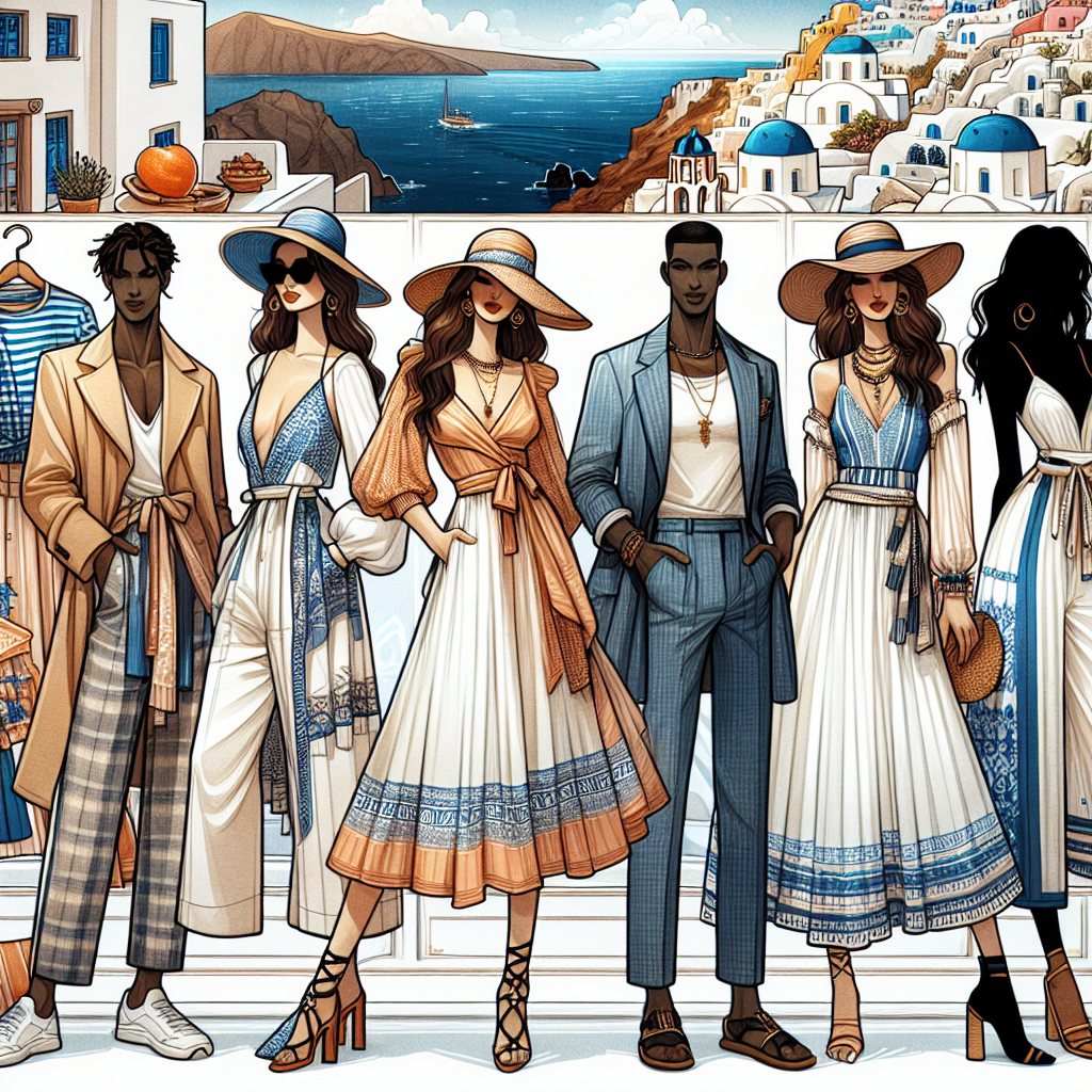 A detailed fashion collection illustration that captures the essence of chic non-touristy Greece inspired outfits. The collection includes garments for every kind of weather and occasion. The color palette is heavily inspired by the blue and white hues of Greek architecture, the warm tones of the sand and the vibrant colors of Greek salads. The perfect mix of elegance, comfort and local appeal. The illustration also captures a Caucasian woman and a Black man wearing some of these stylish outfits, radiating confidence and chicness. The backdrop subtly hints at the aesthetics of Santorini; the classic white buildings and the enchanting waters of the Aegean Sea.