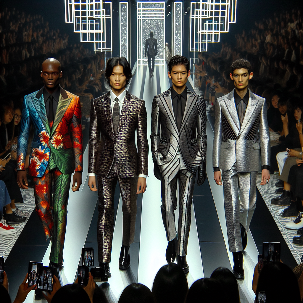 Must-Have Suits for 2024 Fashion Shows: Stylish Picks Design a series of must-have suits for the 2024 fashion shows. In this vision, there should be four models on a fashion show runway each wearing a different suit design. The first model is a Black male, sporting a sharp, tailored suit with vibrant hues that evokes the flowering blooms of spring. The second model is an Asian female, adorned in a sleek, futuristic suit crafted from metallic fabrics. Next, a Middle-Eastern individual of non-binary gender graces the runway in a creative suit displaying bold geometric patterns. Lastly, a Caucasian female model dons a suit inspired by classic lines and minimalist aesthetics. The audience is exhilarated and engaged by the chic and diverse designs.
