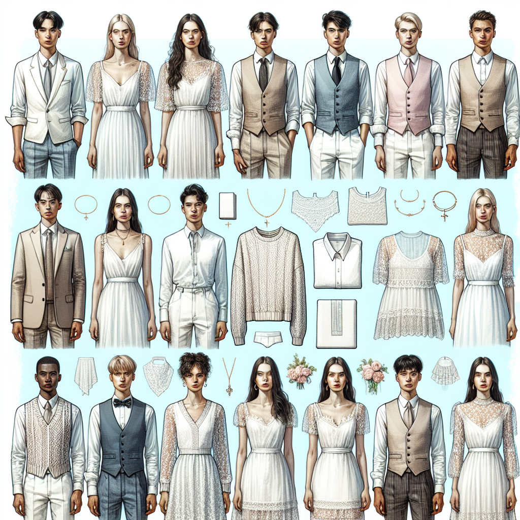 Must-Have Styles for Baptism: What to Wear Under a Vest Create a highly detailed, fashionable image depicting a variety of must-have styles suitable for a baptism. The focus should be on what can be worn under a vest. Show a diverse group of people of multiple descents, like Caucasian, Asian, Hispanic, and Black, both male and female. Include elegant pieces like collared shirts, lace blouses, lightweight sweaters, and delicate jewelry. Display a range of colors that are often associated with baptisms such as white, pale blue, and light pink. Accompany these staples with stylish vests in coordinating colors and fabrics. Do not depict any religious ceremonies, just focus on the clothing.